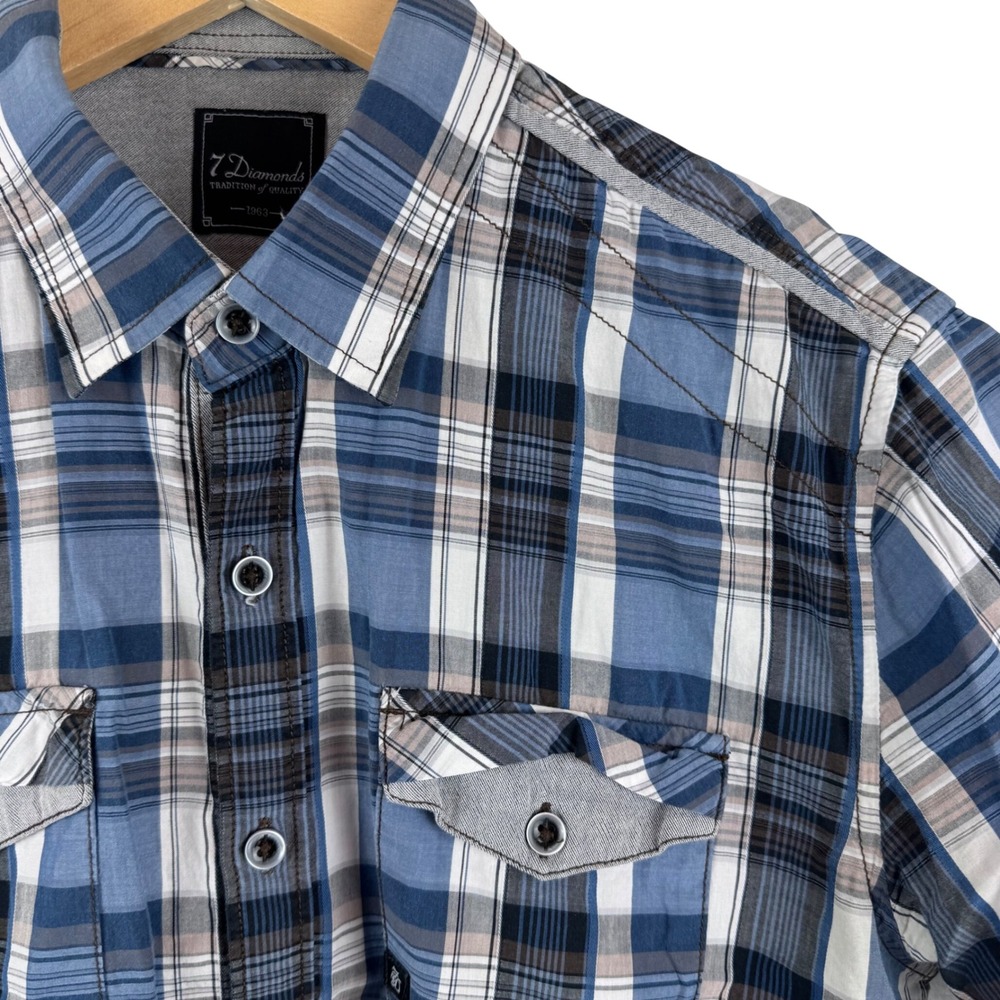 7Diamonds Button Down Shirt Mens Small Blue Plaid Short Sleeve Cotton Pockets